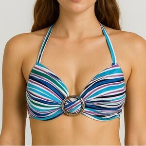 New Directions Striped Multicolor Bikini Tie Top with Silver Ring Detail